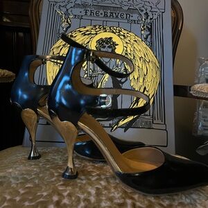 John Fluevog Black and Gold Art Deco Heels